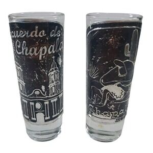 Vintage Recuerdo de Chapala Mexico Silver Foil Overlay Double Shot Glasses Set 2